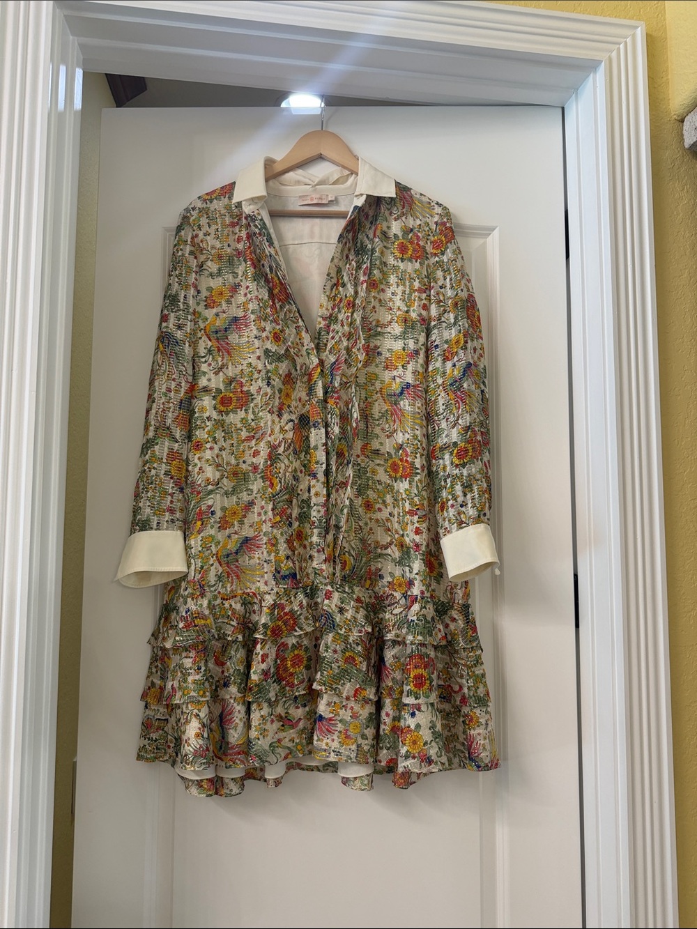 Tory Burch Cream Floral Ruffle Hem Dress with Multicolor Print